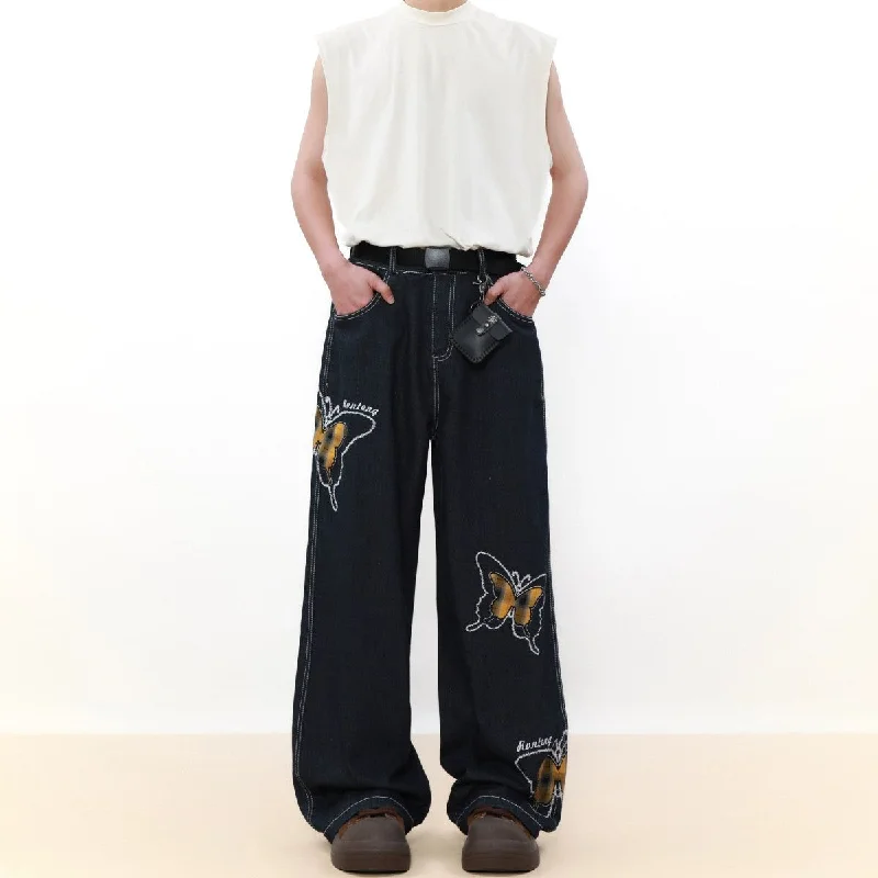 Stitched Plaid Butterflies Jeans