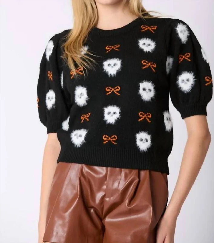 Fur Skeleton And Bow Puff Sleeve Sweater In Black