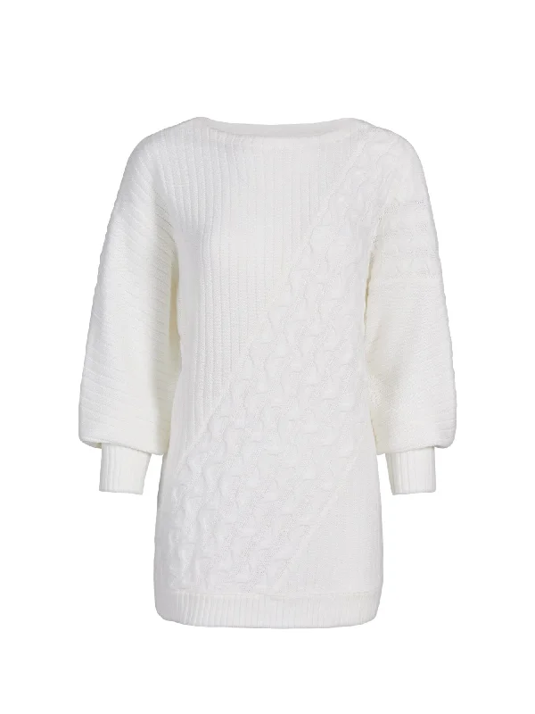 Multi-Stitch Bateau-Neck Tunic Sweater