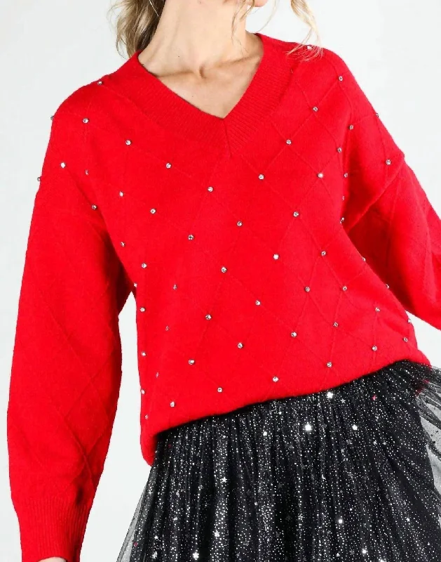 Rhinestone Detail Sweater In Red