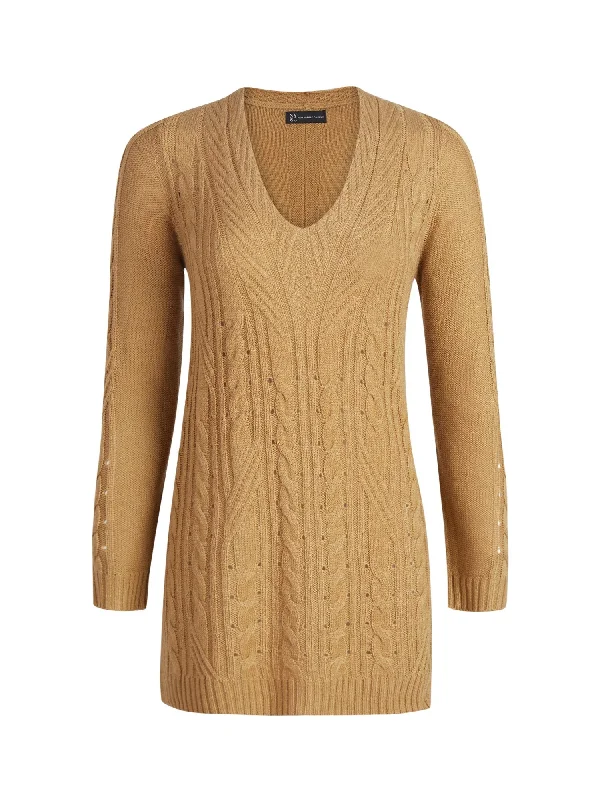 V-Neck Cable-Knit Tunic Sweater