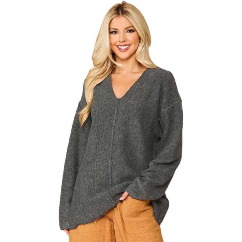 V-neck Solid Soft Sweater Top With Cut Edge