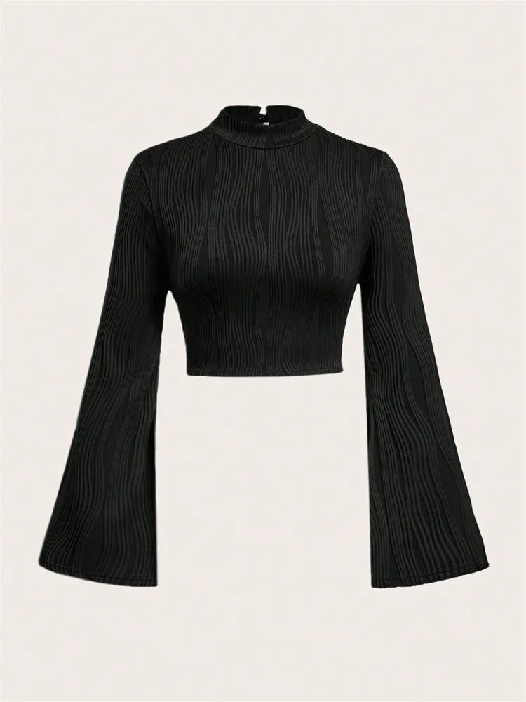 A&A Black Mock Neck Flare Long Sleeve Crop Top