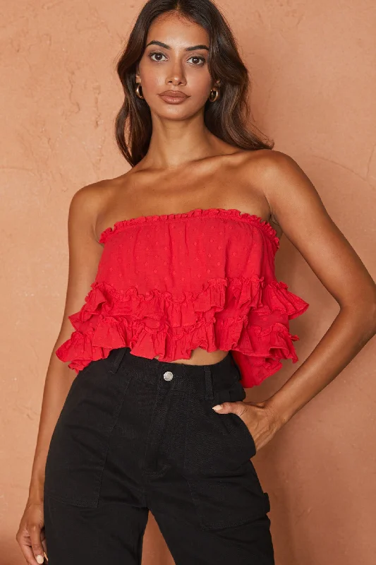 Meet Me At Sunset Frill Trim Bandeau Top Red