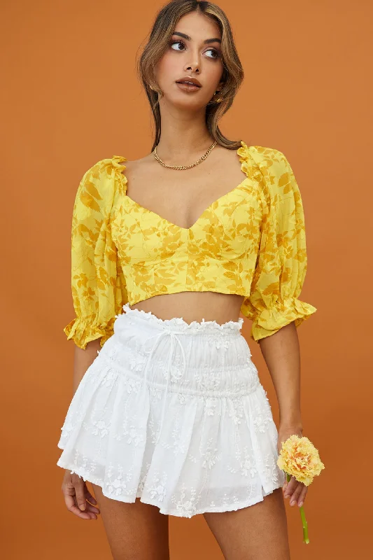 Rosetta Puff Sleeve Keyhole Back Crop Top Floral Print Yellow