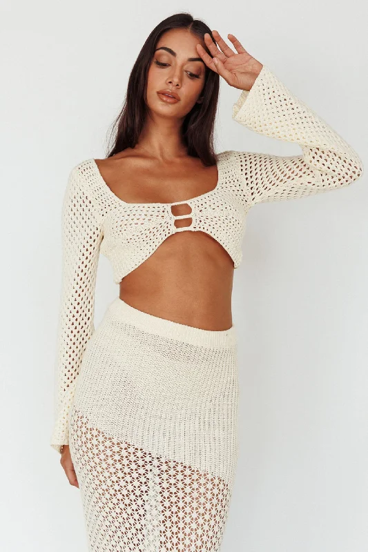 Serenity Sky Long Sleeve Crochet Crop Top Milk