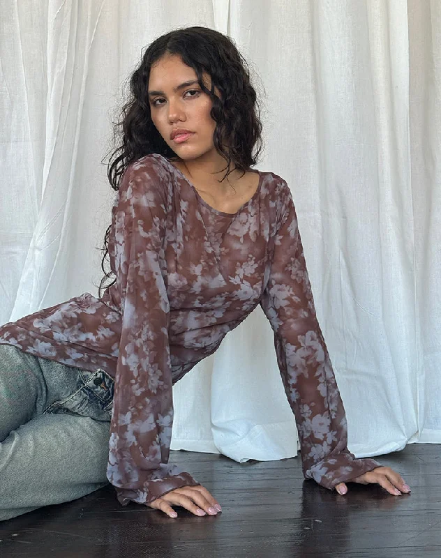 Arcelia Long Sleeve Mesh Top in Botanical Shadow Brown