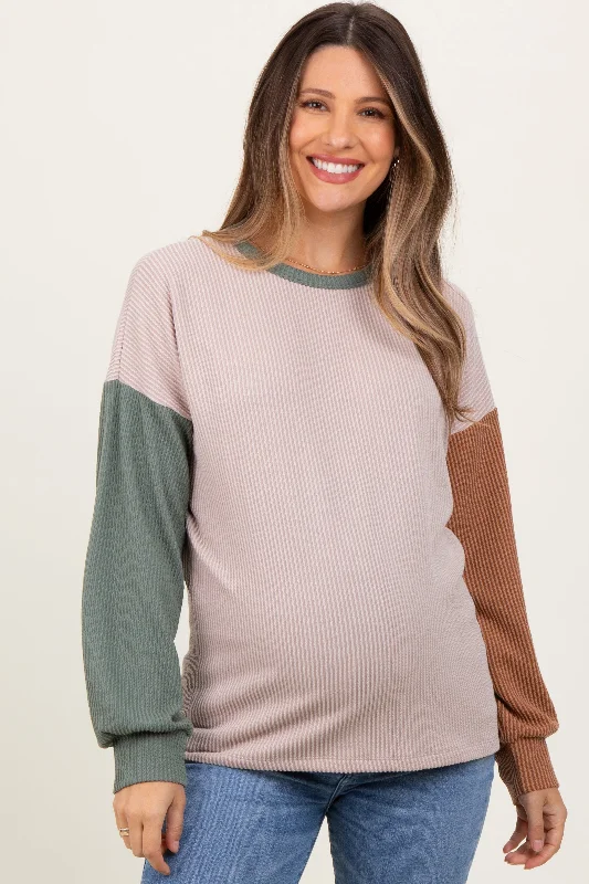 Beige Ribbed Colorblock Sleeve Maternity Long Sleeve Top