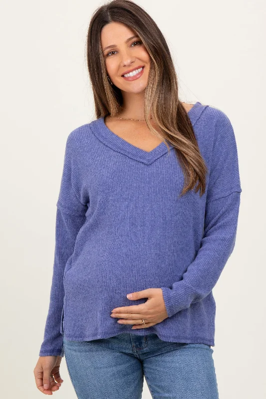 Blue Ribbed V-Neck Long Sleeve Maternity Top