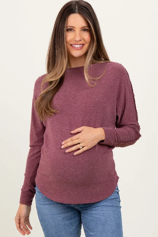 Burgundy French Terry Lace Trim Maternity Long Sleeve