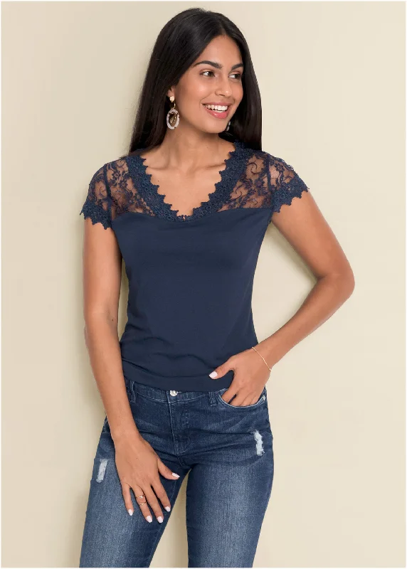 Lace Detail Tee - Navy