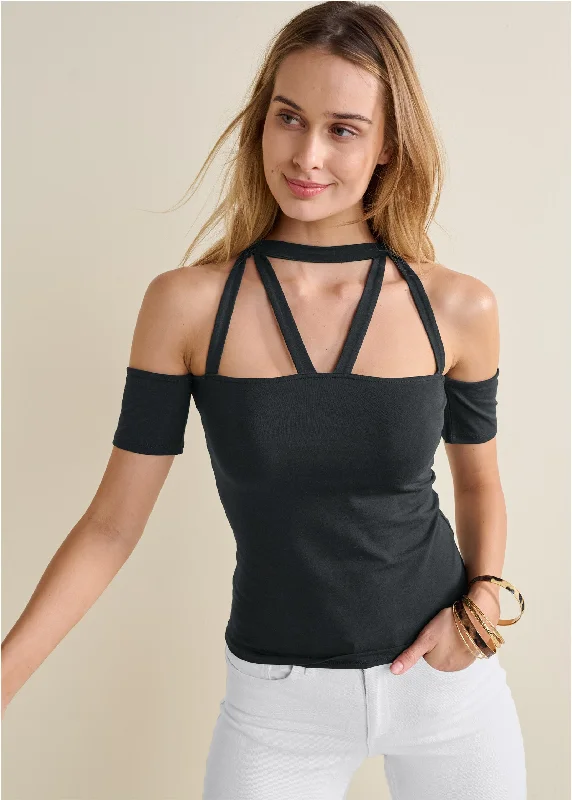 Strappy Open Shoulder Top - Black