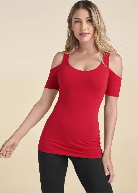 Long And Lean Cold-Shoulder Top - Red