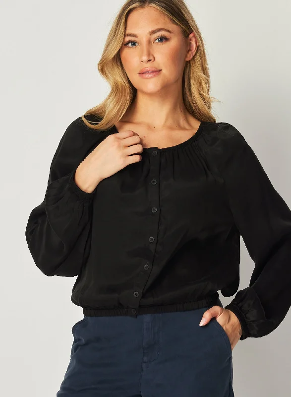 Shirred Button Front Blouse - Black