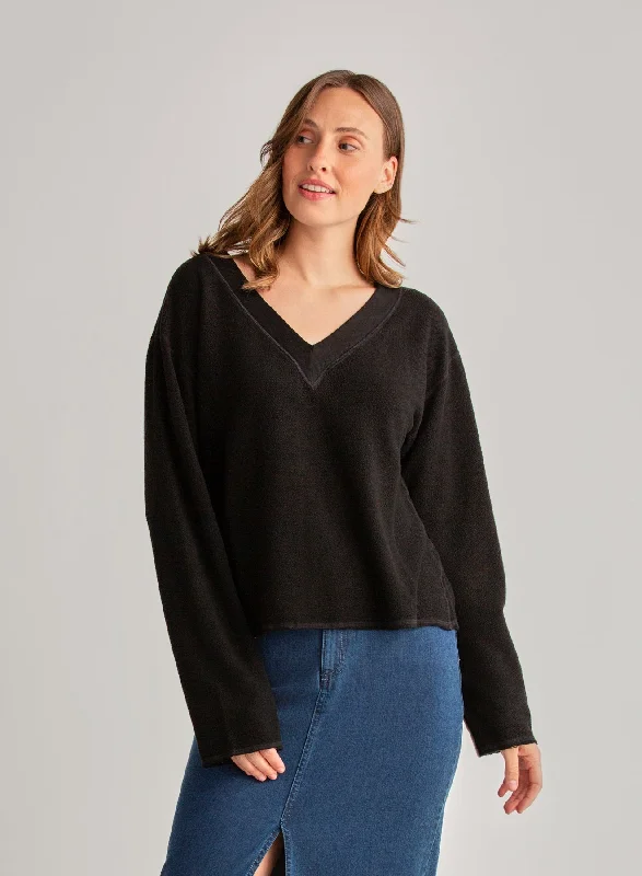 French Terry Bell Sleeve V-Neck Pullover - Black