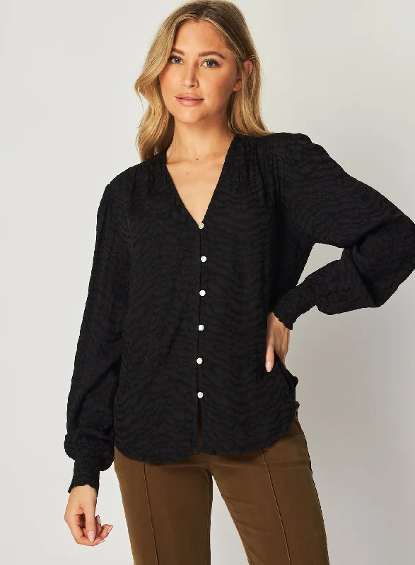 Smocked Cuff Button Down - Black