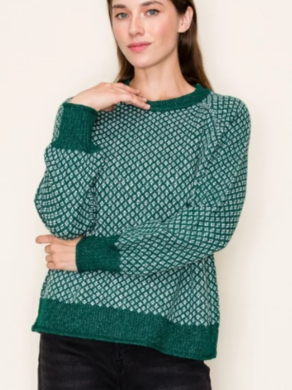 Green and White Detail Crewneck Sweater