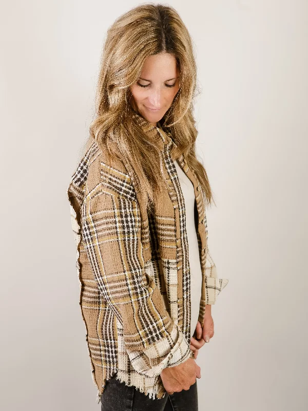 Ivory and Mocha Mixed Plaid Lightweight Shacket