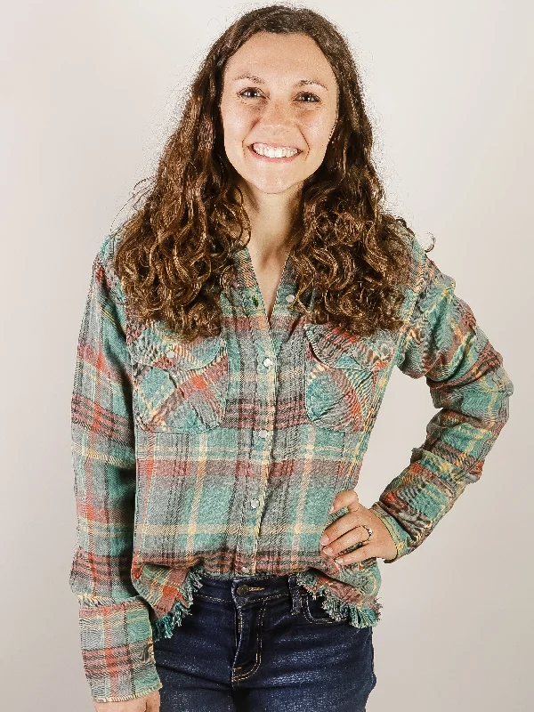 Teal Plaid Shirt with Frayed Bottom