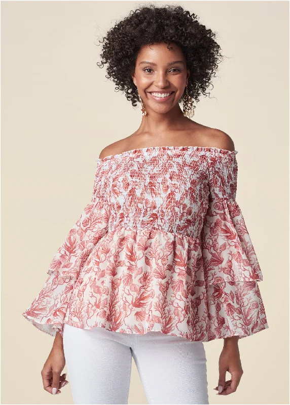 Coral Reef Smocked Top - White & Coral