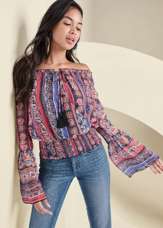 Off-The-Shoulder Print Top - Orange Multi