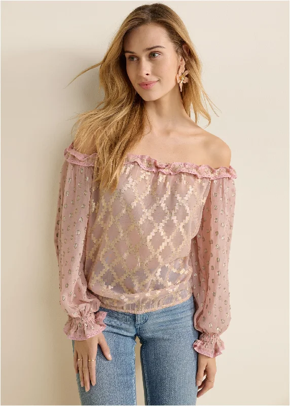 Off-The-Shoulder Ruffle Top - PINK & GOLD