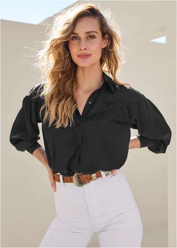 Satin Long Sleeve Blouse - Black